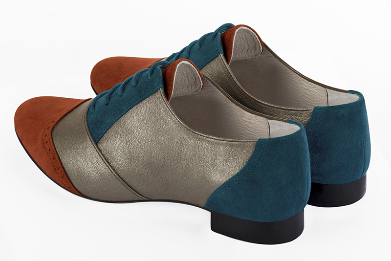 Terracotta orange, taupe brown and peacock blue women's fashion lace-up shoes. Round toe. Flat leather soles. Rear view - Florence KOOIJMAN
